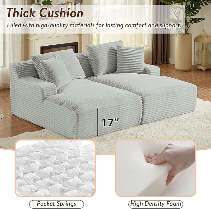 Oversized Double Chaise Lounge Chair Indoor Fluffy Upholstered Corduroy Sofa Bed with Throw Pillows Comfy Sleeper Deep Seat Sectional Loveseat Sofa Couch for Living Room (Light Gray)