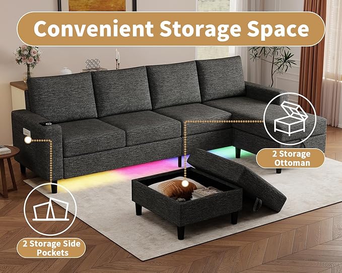 Smart Sectional Couches for Living Room 6 Seat U/L Shaped Sectional Sofa with RGB Light/Charging Modern Living Room Furniture for Apartments/Office/More (Dark Grey)