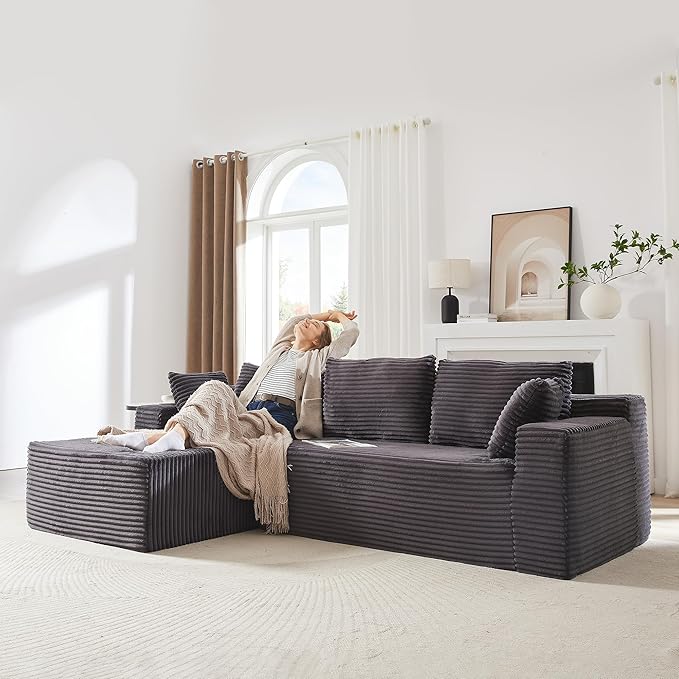 103'' Modular Sectional Sofa with Deep Seat Comfy L Shaped Couch Modern Cloud Couch with Oversized Chaise Corduroy No Assembly Required for Living Room Bedroom Dark Grey