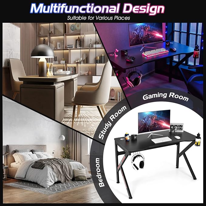 Tangkula 48 Inch Gaming Desk K-Shaped Racing Style PC Computer Desk with Cup Holder &amp Headphone Hook Gamer Workstation with 2 Cable Management Holes Ergonomic Home Office Desk for Gaming (Black