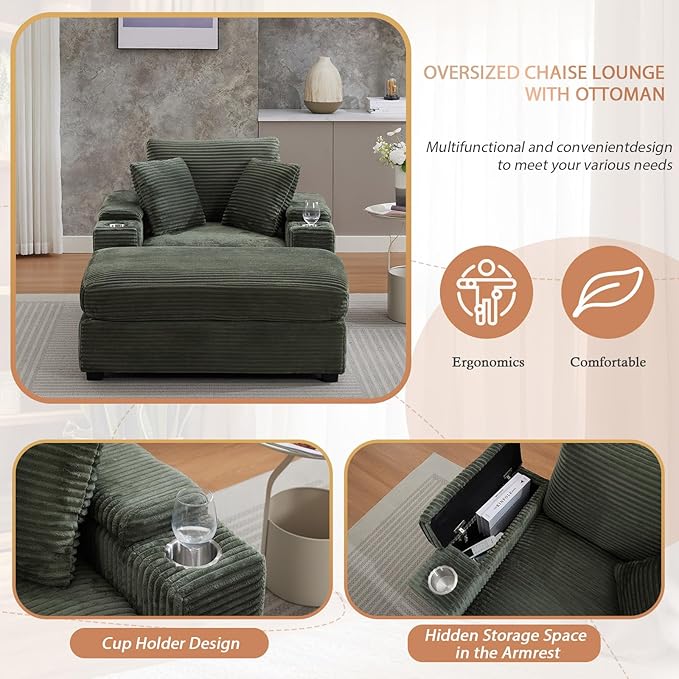 50 Oversized Chaise Lounge Chair Indoor with Ottoman and Storage Deep Seat Upholstered reading Chair Comfy Corduroy Sleeper Chair with Cup Holder Reclining Chair for Living Room Bedroom Green