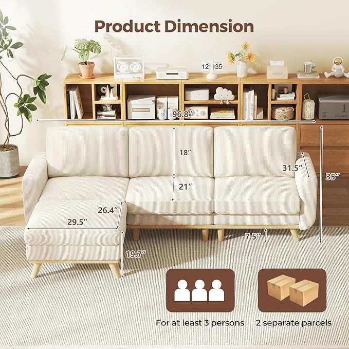 97 Beige Corduroy Modular Sectional Sofa L-Shaped Couch with Movable Ottoman &amp Spring Cushion Deep Seat Modular Sofa for Living Room Bedroom Apartment