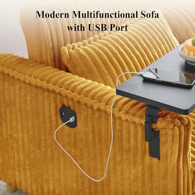 3 in 1 Pull Out CouchCorduroy Upholstered Convertible Sleeper Sofa Bed with Movable Side Table Modern Multifunctional Sofa with USB Port Cushioned Couch for Living Room (Yellow)
