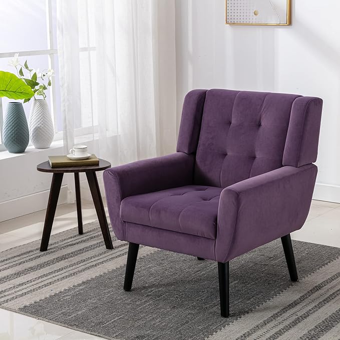 Dolonm Midcentury Modern Velvet Accent Chair with Arms Upholstered Reading Side Chair Tufted Back Decorative Wingback Chair for Living Room Bedroom (Lavender Purple)
