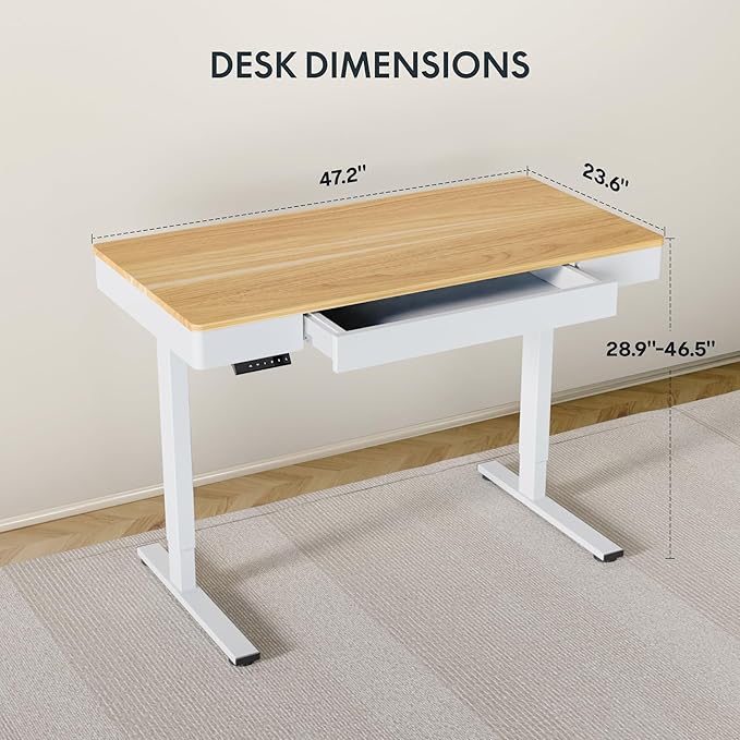 FLEXISPOT Q5 Standing Desk with Drawer 48 x 24 Inch Electric Adjustable Height Stand Up Desk with Storage Organizer Whole Piece Wooden Desktop for Home Office Computer Workstation Maple