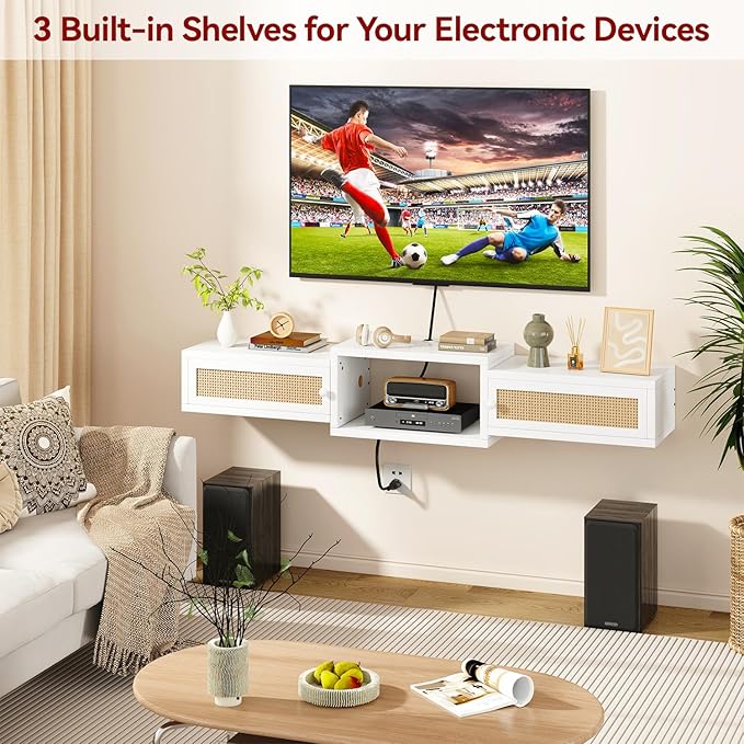 IBUYKE Modern Rattan Floating TV Stand with DoorsWall Mounted TV Shelf for TVs up to 55 InchesMedia Console Entertainment Center for Under TV Storage Cabinet for Living Room BedroomWhite UWST012W