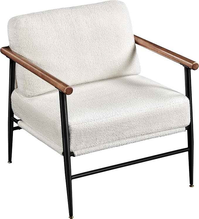 Topeakmart Mid-Century Boucle Accent Chair Reading Chair with Stylish Boucle Fabric Lounge Chair with Ultra-Long Armrest and Extra-Wide Seat for Living Room Lounge Office Ivory