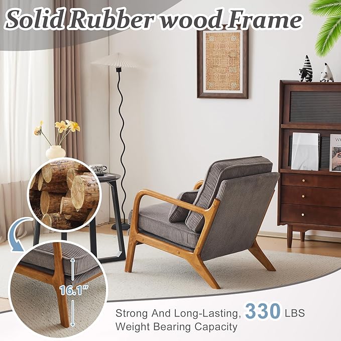 VINGLI Upgraded Premium Corduroy Accent Chairs Set of 2Upholstered Arm ChairSolid Wood Comfy Reading Chair with Lumbar Pillow Mid Century Modern Chairs for Living RoomBedroomLight Grey