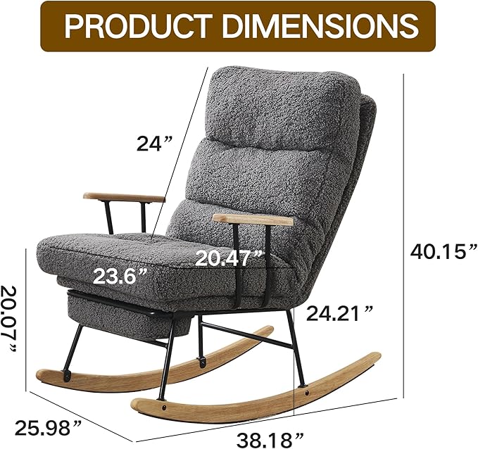 Modern Rocking Chair Teddy Gliding Rocking Chair with High Back Retractable Footrest Adjustable Back Angle for Nursery Living RoomBedroom