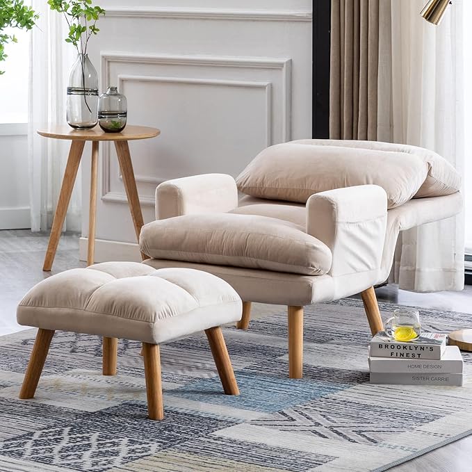 CANMOV Modern Accent Chair with Ottoman Set of 2 Soft Fabric Armchair with Adjustable Backrest and Side Pockets Comfy Lounge Chair for Living Room Bedroom Apartment Office Beige