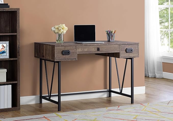 Monarch Specialties Laptop Table with Drawers-Industrial Style-Metal Legs Computer Desk Home &amp Office 48 L Brown Reclaimed Wood Look