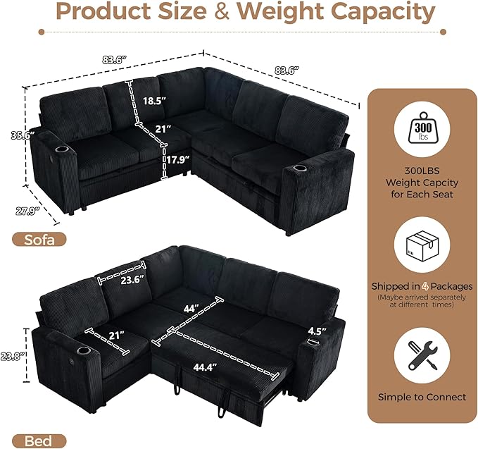 Sectional Sleeper Sofa with Pull Out Bed Plush Corduroy L Shaped Corner Couch with Storage USB Ports Cup Holders Comfy Sectional Couches for Living Room Black | Modular Couch for Apartment Tool