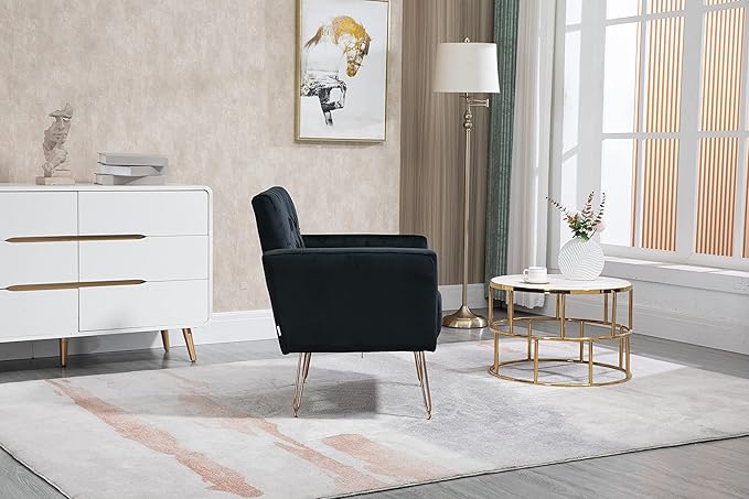 Velvet Accent Chair Upholstered Living Room Accent Armchair Leisure Single Chairs with Rose Golden feet Tufted Sofa Chairs for Home Office Living Room Bedroom Small Space (Black)