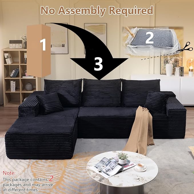 107 L-Shaped Cloud Couch with Pillows Modular Sectional Sofa with Chaise Comfy Corduroy 3-Seater Sofa with Deep-Seat for Living Room No Assembly Required (Black Left-Facing Chaise)