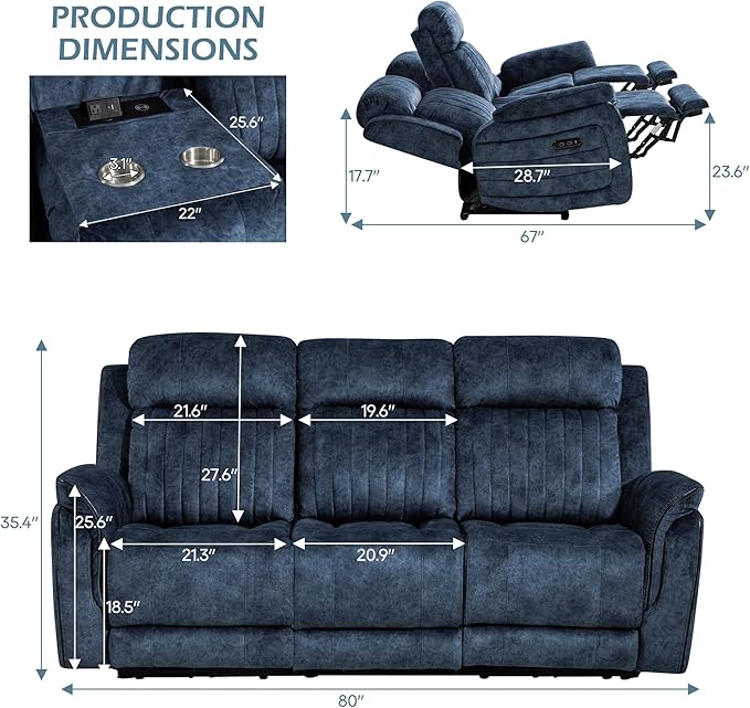 Zero Gravity Power Reclining Sofa with Adjustable Headrest Electric Reclining Couch with Wireless Charge USB Ports Power Loveseat Recliner Sofa for Living Room (Blue-Sofa)