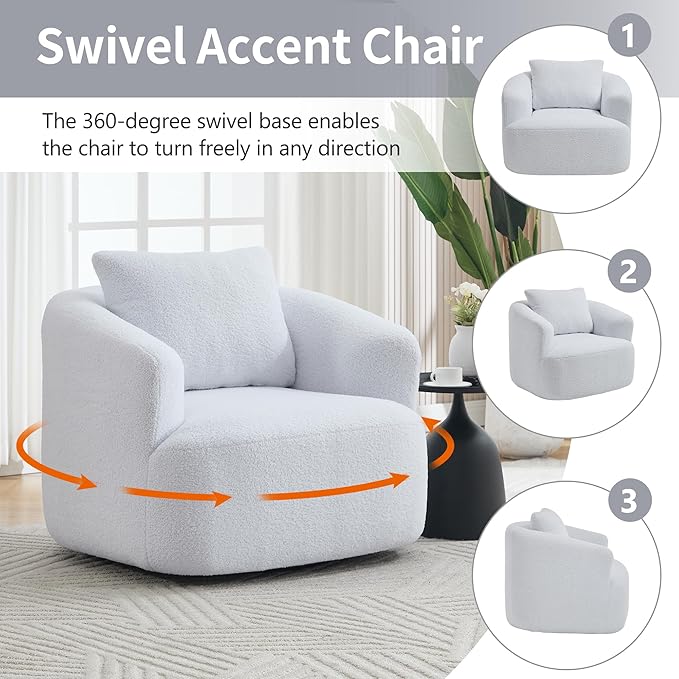 PELUMY Swivel Accent Chair Modern Round Barrel Chair Soft Teddy Fleece Fabric Swivel Chair for Living Room 360 Rotating Small Space Comfort Reading Chair No Tools Assembly (White)