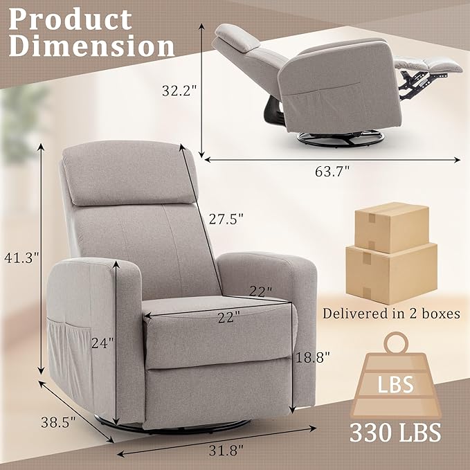 Power Swivel Recliner Chairs for Adults Electric Glider Rocking Chair Nursery Glider Recliner Nursery Chair with Classified Side Pocket Nursery Rocking Chairs with USB and Type-C Ports