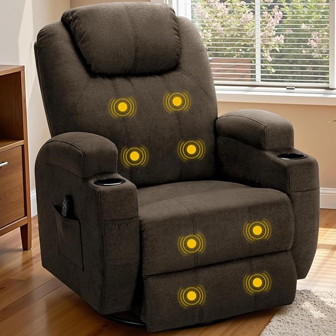 Recliner Chair 360° Swivel Rocker Chair for Adults Rocking Recliner Chair with Massage Comfy Single Sofa with Side Pockets Cup Holders for Living Room Bedroom Nursery (Fabric Brown)