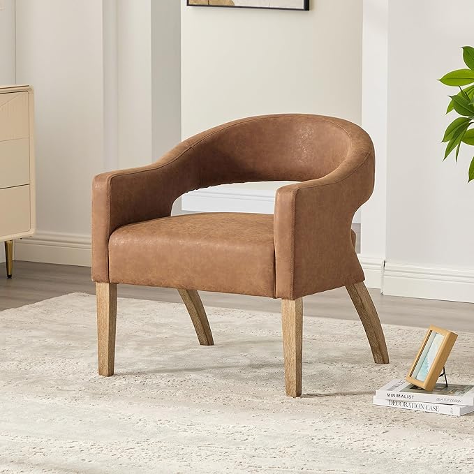 Modern Accent Chair Upholstered PU Leather Barrel Armchairs with Rubberwood Legs Comfy Lounge Arm Chair Hollow-Out Side Club Chair for Living Room Bedroom Office (Brown-Wide)
