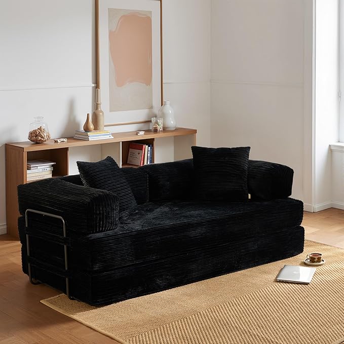 HOOOWOOO Convertible Folding Futon Sofa Bed4 in 1 Corduroy Sleeper Couch No Assembly80.5 Boneless Loveseat Lounge with Steel Frame Support for Living Room Bedroom Guest Room(Black)