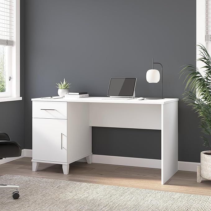 Bush Home Somerset 54W Office Desk with Drawer and Cabinet in White Computer Table with Storage for Home Office Workspace