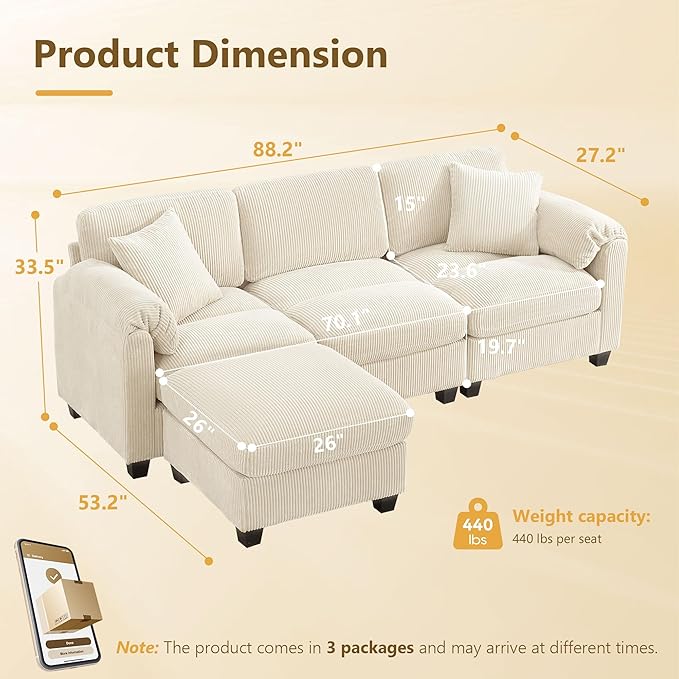 Modular Sectional Sofa with Ottoman3-Seater Corduroy Cloud Sofa Couch with 2 Pillows88.2'' L-Shaped Deep Seat Sofa with Thick CushionModular Couches for Living RoomBeige3 Seater &amp Ottoman