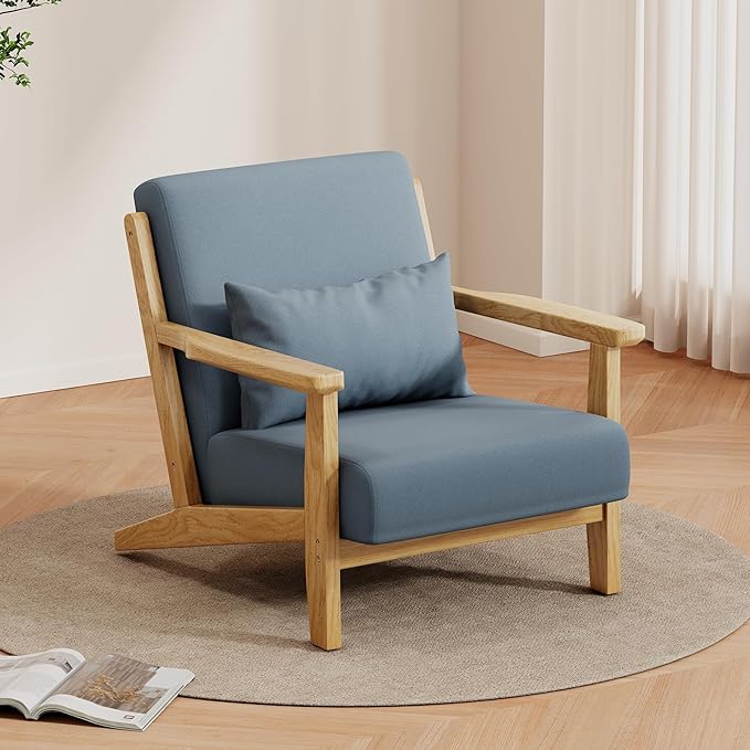Solid Wood Accent Chair Mid-Century Modern Lounge Armchairs Fabric Upholstered Soft Comfy Living Room Chairs with Armrest Waist Cushion Pillow for Office Reading Waiting Room (Blue)