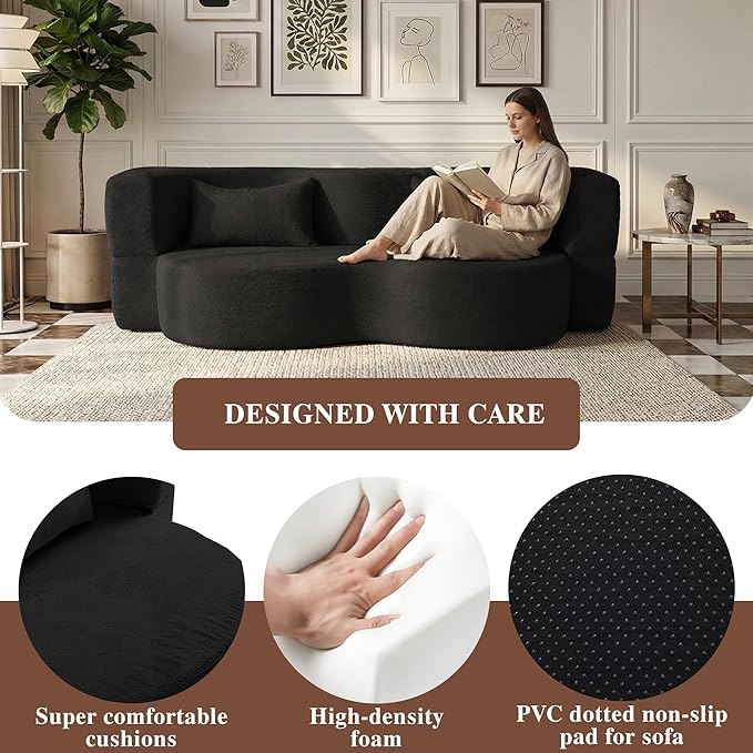 Convertible Sofa Bed 78'' Queen Size Folding Sleeper Sofa with Pillow 2-in-1 Teddy Fabric Boneless Loveseat Floor Couch &amp Mattress for Living Room Guest Room No Assembly Required (Black)