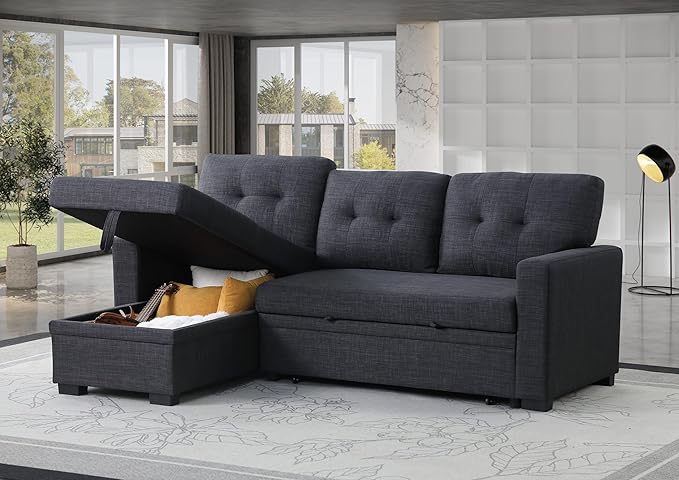 Ball &amp Cast L-Shape Reversible Sectional Sleeper Sofa Bed 4 in 1 Pull Out Couch with Storage Chaise &amp Removable Back CushionsConvertible Sleeper Corner Couch Pull-Out Sofa Bed for Living Room