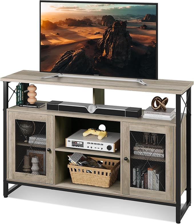 WLIVE TV Stand 55 inch TV Tall Entertainment Center and Industrial TV Console Cabinet with Storage for Bedroom Living Room Greige