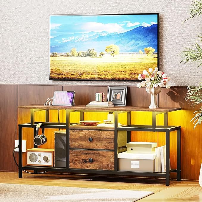 TV Stand with LED Light and Power Outlets Entertainment Center with Fabric Drawers and Open Shelves 41.7 TV Cabinet for TVs up to 45 Inch Media Console for Living Room Brown DS03UDBR