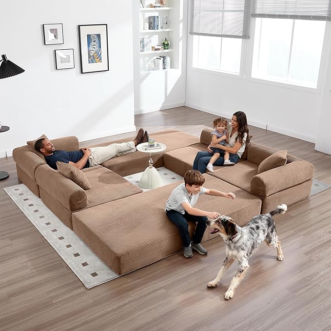 106.3 Oversized L Shaped Convertible Sleeper Sofa Bed Corduroy Modular Folding Sectional Sofa with Cylindrical Pillow &amp Storage Bags Modern Floor Mattress Couch for Living Room Brown