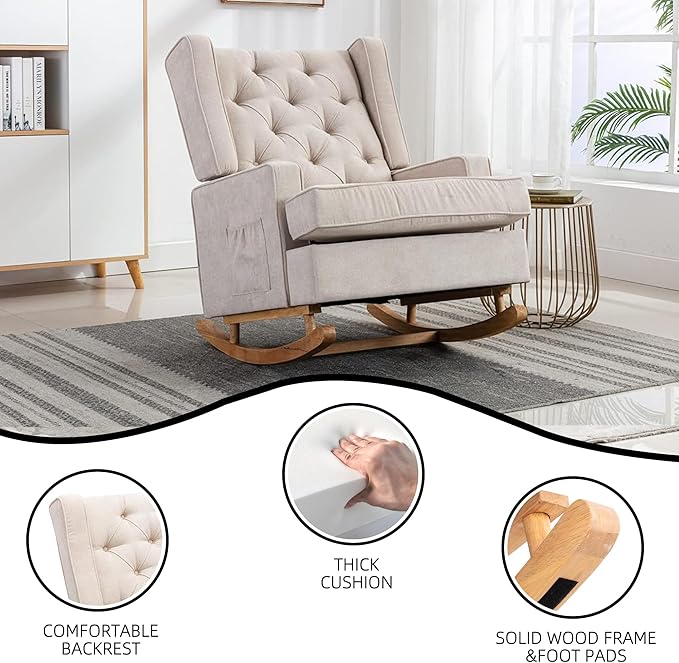 QQU Rocking Chair with Arms Leisure Teddy Chair IndoorComfy High Back Chair with Solid Wood Base Side Pocket for Living RoomBedroomOffice (Beige)