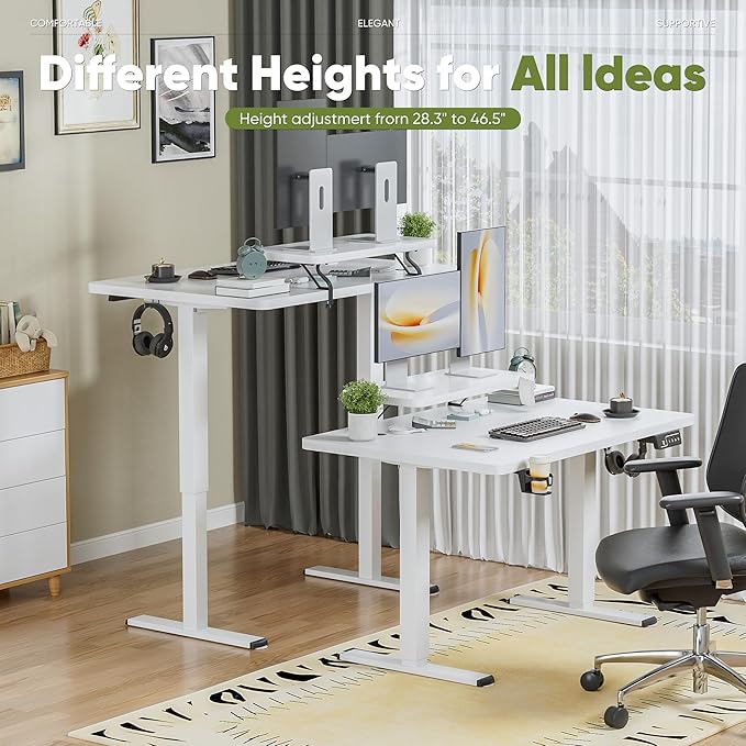 Shahoo Electric Standing Desk with Monitor Shelf 47 x 24 Inches Height Adjustable Corner Table Computer Workstation with Cup Holder and Hook for Home Office White 47x24 Inch