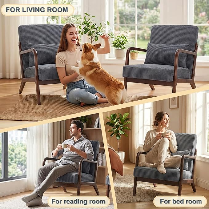 Mid Century Modern Accent Chair Upholstered Corduroy Armchair with Lumbar Pillow Solid Rubberwood Frame for Living Room Bedroom Waiting RoomDark Grey