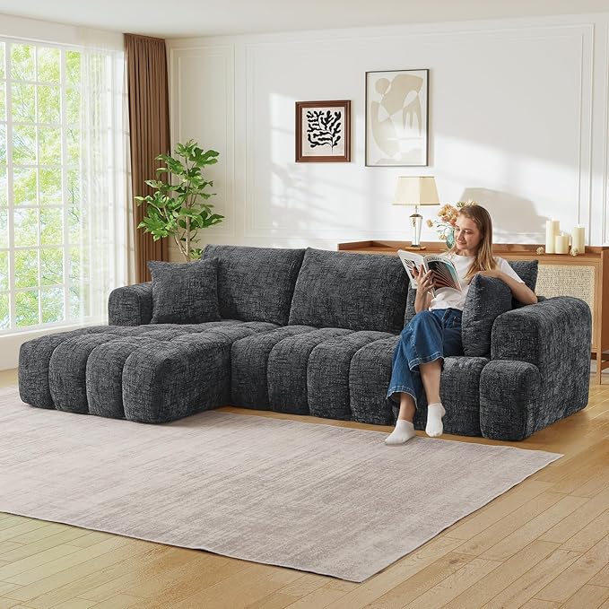 108 W Modular Sectionals SofaCloud Boneless Couch with ChaiseChenille Tufted Deep Seat L Shaped CouchModern Compression Foam Sofa for Living Room BedroomNo Assembly Required(Left FacingGrey)