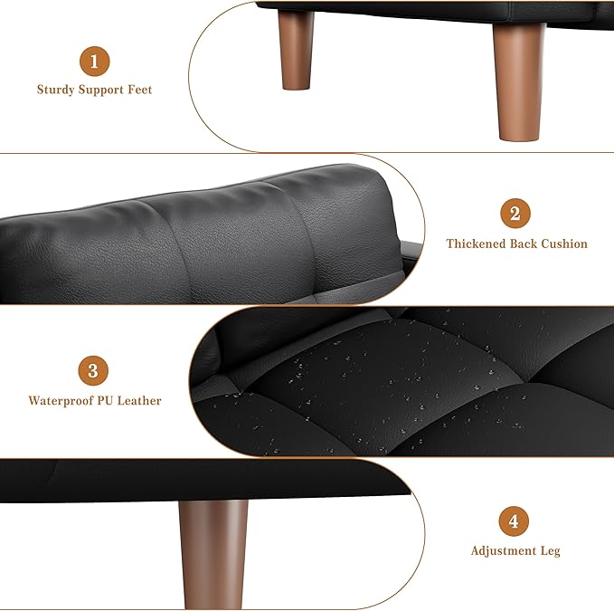 IDEALHOUSE 3-Seater Sofa Couch 83 Wide Faux Leather Sofa Couch with Spring Cushion Sofa with Deep Seats and 2 Removable Back Cushions Black