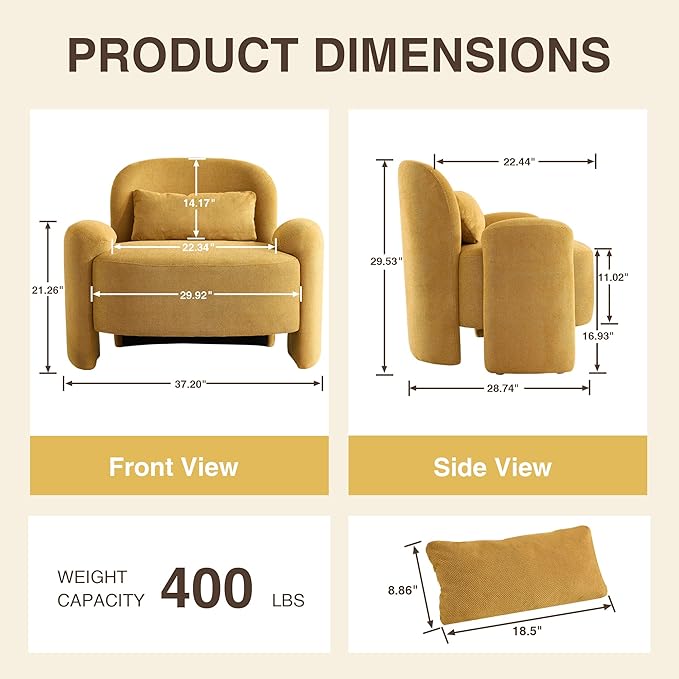 LOULENS Oversized Accent Chair Modern Linen Fabric Lounge Armchair for Living Room Upholstered Comfy Reading Single Sofa Chair for Bedroom Waiting Room Corner Office Yellow