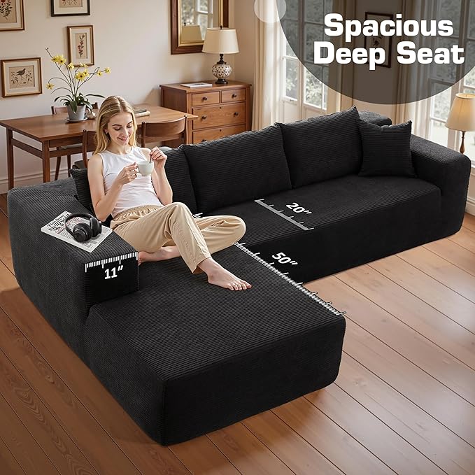 106 Cloud Sectional Couch with Chaise LoungeL Shaped Modular Modern SofaComfy Corduroy Fluffy Sofa with Deep SeatNo Assembly Required Couch for Living Room(LeftStripe CorduroyBlack)