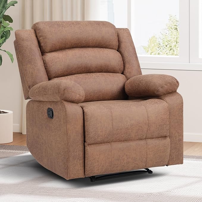 Manual Recliner Chair with Overstuffed Arm and Extra-Padded Back Breathable Fabric Reclining Chair for Adults Single Sofa for Living Room Bedroom (Chocolate)