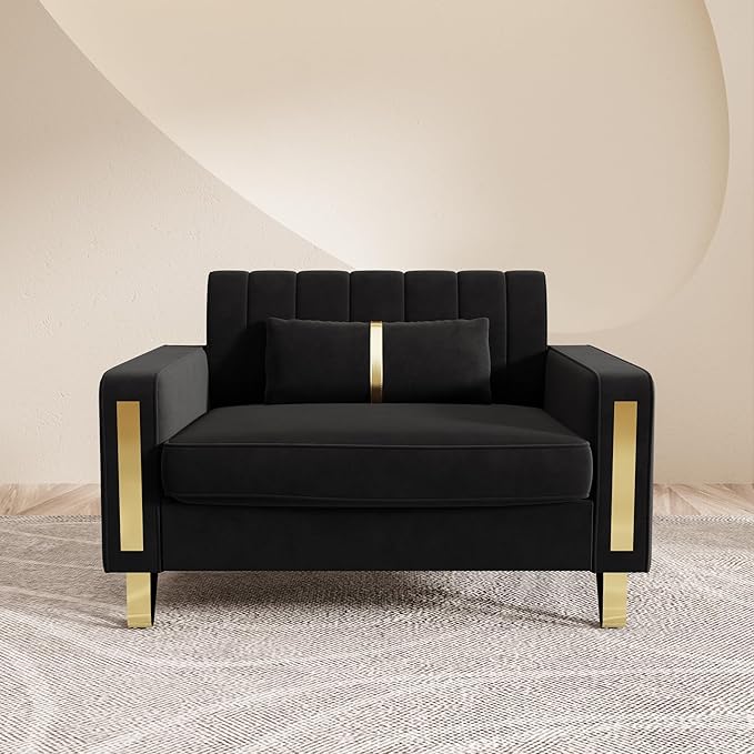 48.62 Modern Velvet Single Sofa Chair Upholstered Comfy Couch with Gold Metal Legs (Black-1 Seater)