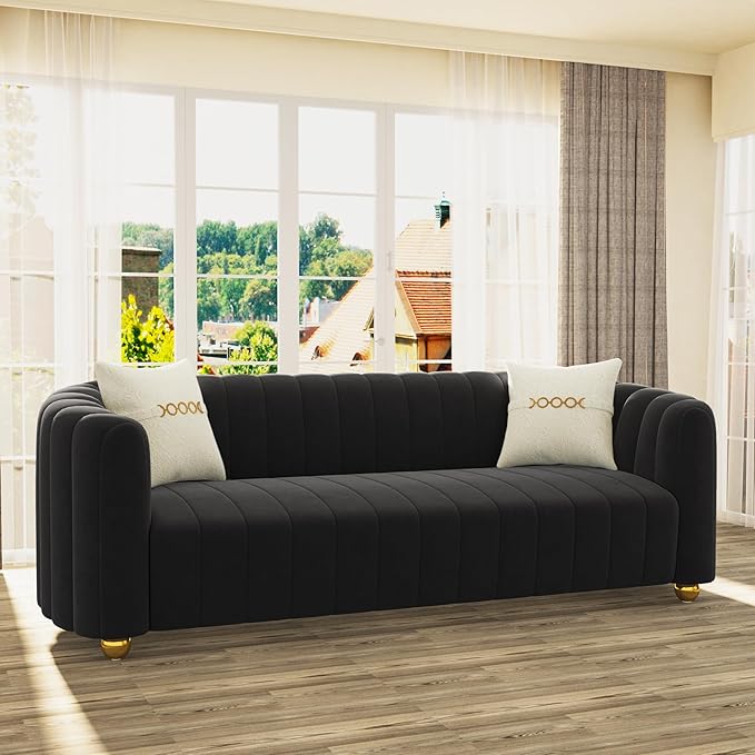 83'' Velvet Sofa for Living Room Modern Comfy Couch 3-Seater Apartment Sofa with 2 Pillows &amp Golden Metal Legs