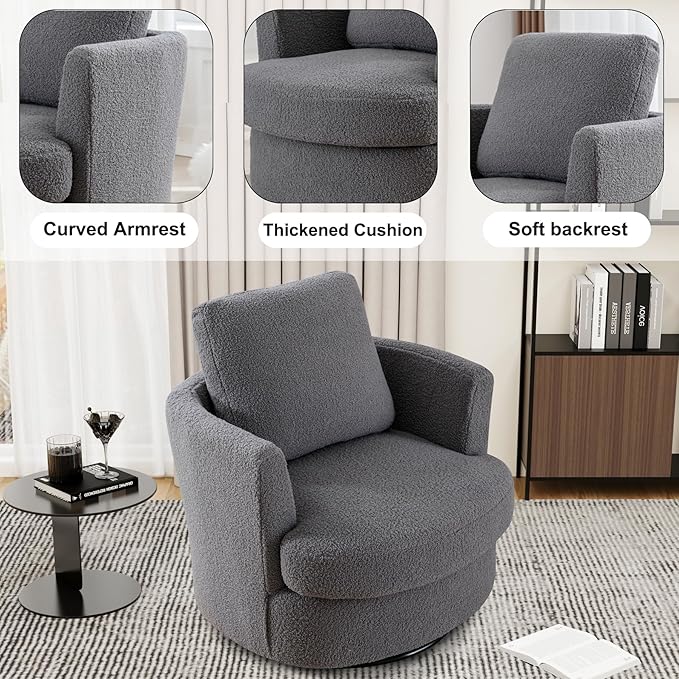 Swivel Barrel Chair 360 Degree Round Swivel Accent Chair for Living Room Modern Upholstered Accent ChairComfy Armchairs for BedroomNurseryBedroom Boucle Gray
