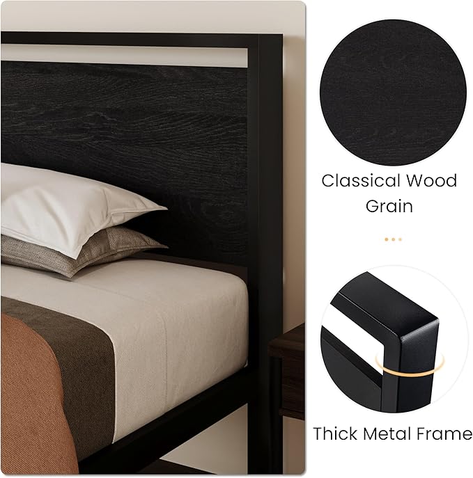 SHA CERLIN 14 Inch Twin Size Metal Platform Bed Frame with Wooden Headboard and Footboard Mattress Foundation No Box Spring Needed Large Under Bed Storage Heavy Duty Slats Support Black Oak