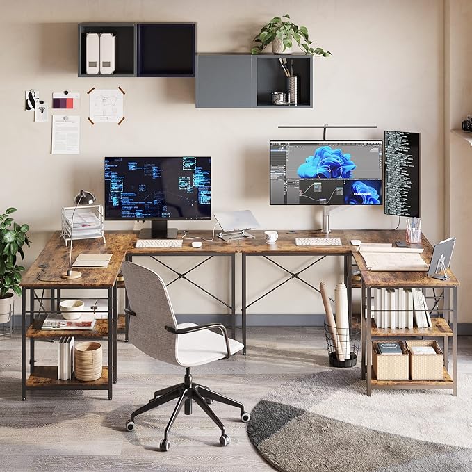 Bestier L Shaped Desk with Shelves 86.6 Inch Reversible Corner Computer Desk or 2 Person Long Table for Home Office Large Gaming Writing Storage Workstation P2 Board with 3 Cable Holes Rustic Brown