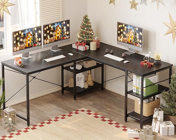 Bestier 95.2” L Shaped Desk Reversible Corner Computer Desk or 2 Person Long Table with Adjustable Shelves Large Writing Study Workstation with 3 Cable Holes - Black