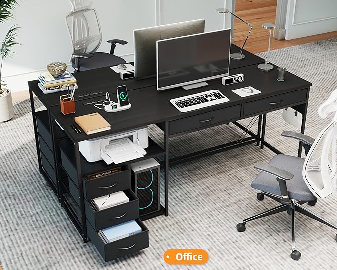 YOSHOOT 60 Computer Desk with 5 Fabric Drawers - Gaming Desk with Storage and Power Outlets Home Office Desk for Adults and Teenagers Working Writing Study Black