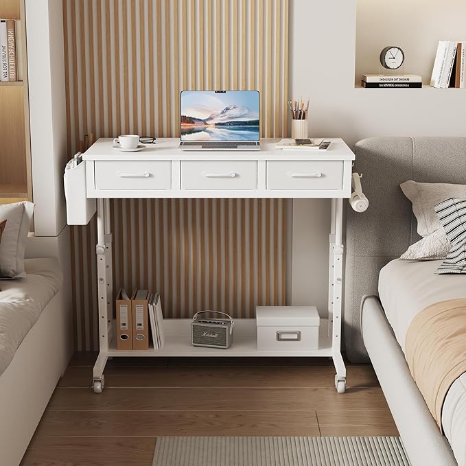 White Portable Rolling Computer Desk - 40 Inch Adjustable Mobile Standing Teacher Desks with 3 Fabric Drawers on Wheels Couch Sofa Side Laptop Stand Up Table with Storage for Home Office White