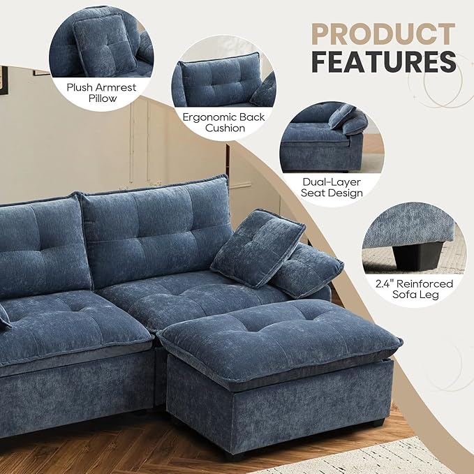 89 Modular Sectional Sofa Comfy Cloud Couch with Movable Ottoman Chenille Sectional Deep Seat Sofa with Throw Pillows/USB Ports for Living Room Office and Apartment (Blue)