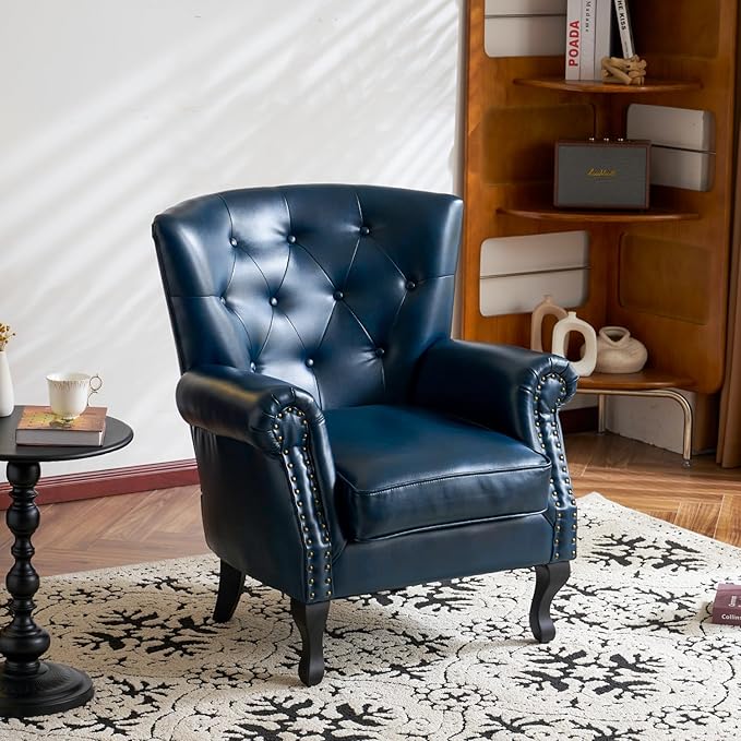 MOJAY PU Leather Accent Chair Mid-Century Modern Armchair Living Room Club Chair with Tufted Button &amp Rivet Trim Upholstered Sofa Chair with Sturdy Wood Legs for Bedroom (Navy)
